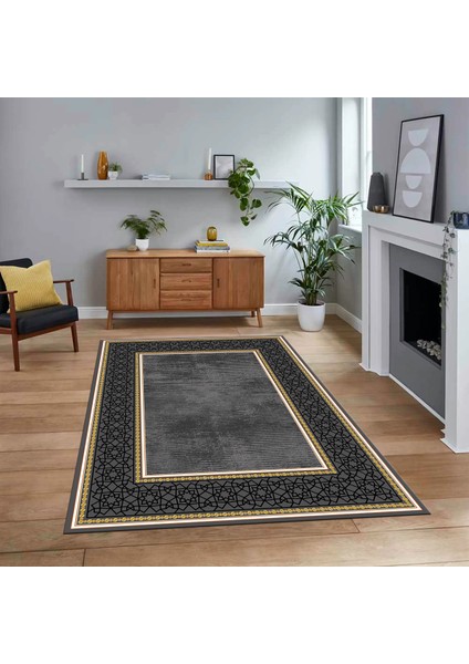 Dijital Baskılı Kaymaz Taban Yıkanabilir Çerçeveli Mutfak Salon Halısı, V-Çerçeveli-35-Gri,