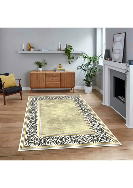 Dijital Baskılı Kaymaz Taban Yıkanabilir Çerçeveli Mutfak Salon Halısı, V-Çerçeveli-35-Krem,