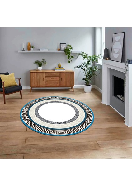 Dijital Kaymaz Taban Yıkanabilir Yuvarlak Çerçeveli Mutfak Salon Halısı, V-Y-Çerçeveli-03-Mavi,