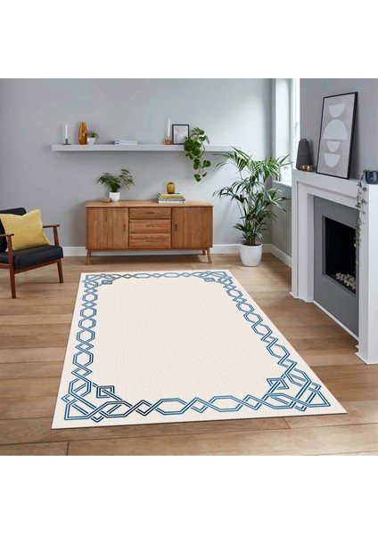 Dijital Baskılı Kaymaz Taban Yıkanabilir Çerçeveli Mutfak Salon Halısı, V-Çerçeveli-49-Beyaz,