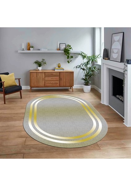 Dijital Kaymaz Taban Yıkanabilir Oval Çerçeveli Mutfak Salon Halısı, V-O-Çerçeveli-39-Sarı,