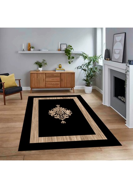 Dijital Baskılı Kaymaz Taban Yıkanabilir Çerçeveli Mutfak Salon Halısı, V-Çerçeveli-46-Siyah,