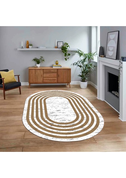 Dijital Kaymaz Taban Yıkanabilir Oval Çerçeveli Mutfak Salon Halısı, V-O-Çerçeveli-41-Kahve,