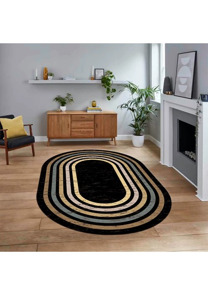 Dijital Kaymaz Taban Yıkanabilir Oval Çerçeveli Mutfak Salon Halısı, V-O-Çerçeveli-41-Siyah,