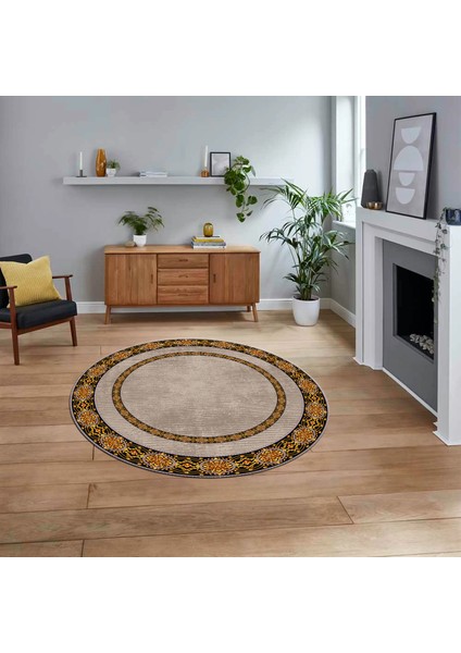 Dijital Kaymaz Taban Yıkanabilir Yuvarlak Çerçeveli Mutfak Salon Halısı, V-Y-Çerçeveli-48-Kahve-,
