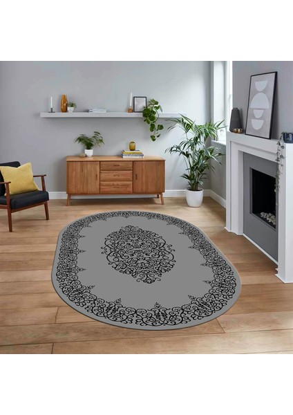 Dijital Kaymaz Taban Yıkanabilir Oval Çerçeveli Mutfak Salon Halısı, V-O-Çerçeveli-22-Gri,