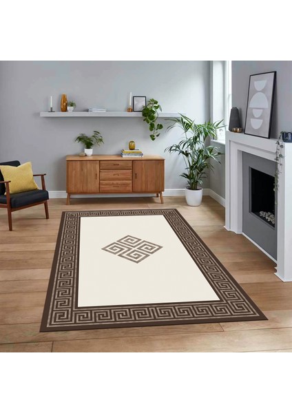 Dijital Baskılı Kaymaz Taban Yıkanabilir Çerçeveli Mutfak Salon Halısı, V-Çerçeveli-01-Kahve,