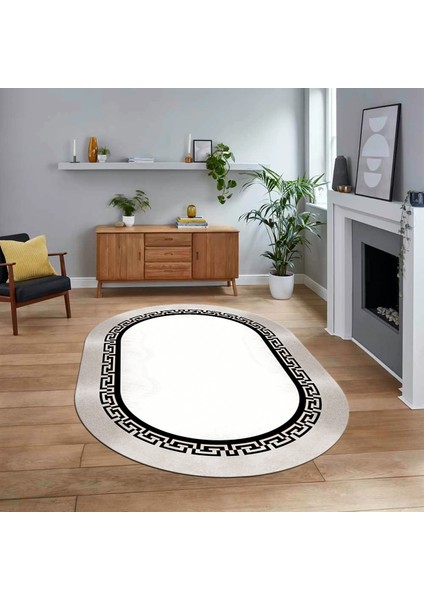 Dijital Kaymaz Taban Yıkanabilir Oval Çerçeveli Mutfak Salon Halısı, V-O-Çerçeveli-11-Krem,