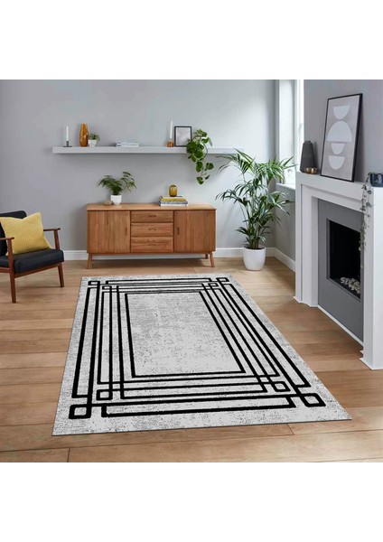 Dijital Baskılı Kaymaz Taban Yıkanabilir Çerçeveli Mutfak Salon Halısı, V-Çerçeveli-08-Gri,