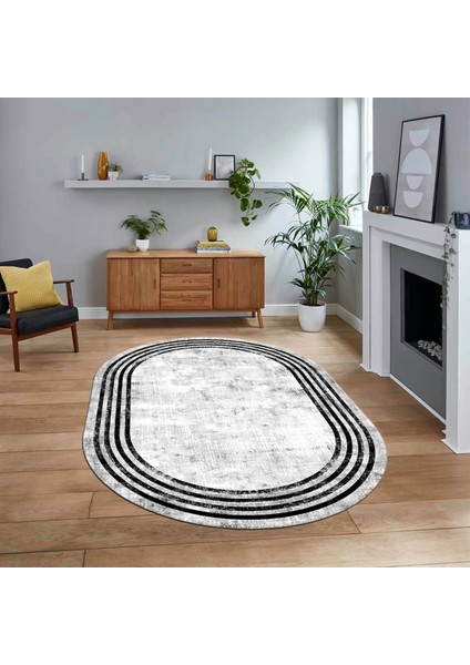 Dijital Kaymaz Taban Yıkanabilir Oval Çerçeveli Mutfak Salon Halısı, V-O-Çerçeveli-06-Gri,