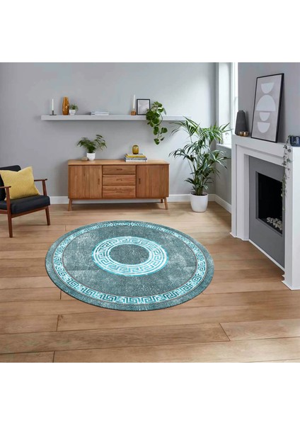 Dijital Kaymaz Taban Yıkanabilir Yuvarlak Çerçeveli Mutfak Salon Halısı, V-Y-Çerçeveli-12-Mavi,