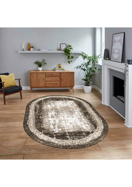 Dijital Kaymaz Taban Yıkanabilir Oval Çerçeveli Mutfak Salon Halısı, V-O-Çerçeveli-14-Kahve,