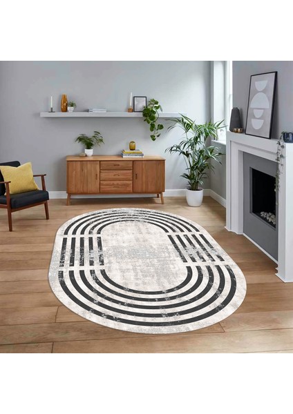 Dijital Kaymaz Taban Yıkanabilir Oval Çerçeveli Mutfak Salon Halısı, V-O-Çerçeveli-15-Krem,