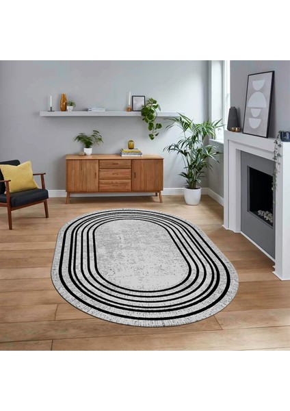 Dijital Kaymaz Taban Yıkanabilir Oval Çerçeveli Mutfak Salon Halısı, V-O-Çerçeveli-08-Gri,