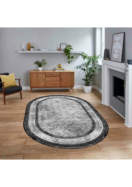 Dijital Kaymaz Taban Yıkanabilir Oval Çerçeveli Mutfak Salon Halısı, V-O-Çerçeveli-10-Gri,