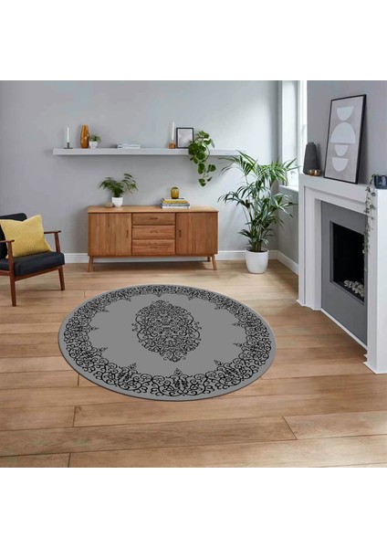 Dijital Kaymaz Taban Yıkanabilir Yuvarlak Çerçeveli Mutfak Salon Halısı, V-Y-Çerçeveli-22-Gri,