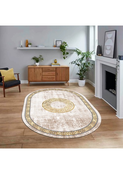 Dijital Kaymaz Taban Yıkanabilir Oval Çerçeveli Mutfak Salon Halısı, V-O-Çerçeveli-12-Krem,