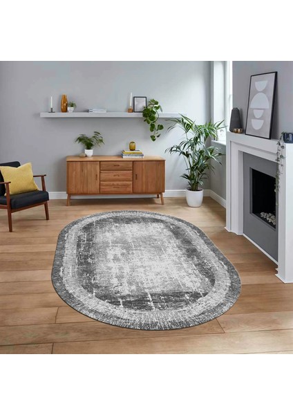 Dijital Kaymaz Taban Yıkanabilir Oval Çerçeveli Mutfak Salon Halısı, V-O-Çerçeveli-14-Gri,