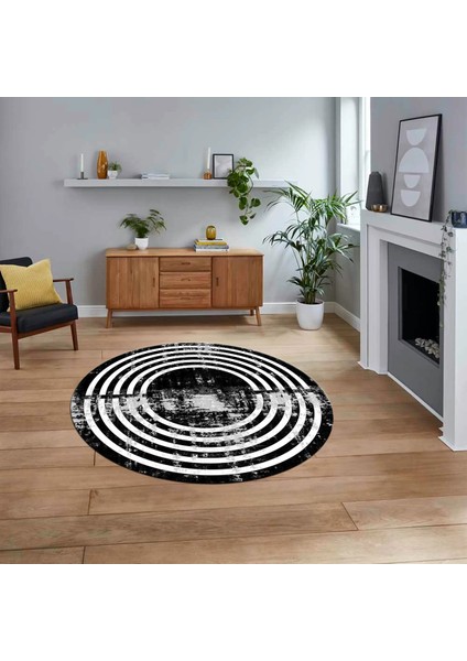 Dijital Kaymaz Taban Yıkanabilir Yuvarlak Çerçeveli Mutfak Salon Halısı, V-Y-Çerçeveli-15-Siyah,
