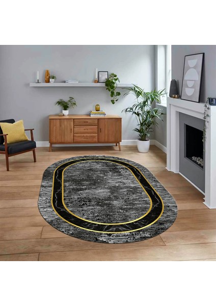 Dijital Kaymaz Taban Yıkanabilir Oval Çerçeveli Mutfak Salon Halısı, V-O-Çerçeveli-18-Gri,