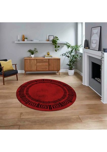 Dijital Kaymaz Taban Yıkanabilir Yuvarlak Çerçeveli Mutfak Salon Halısı, V-Y-Çerçeveli-05-Bordo,