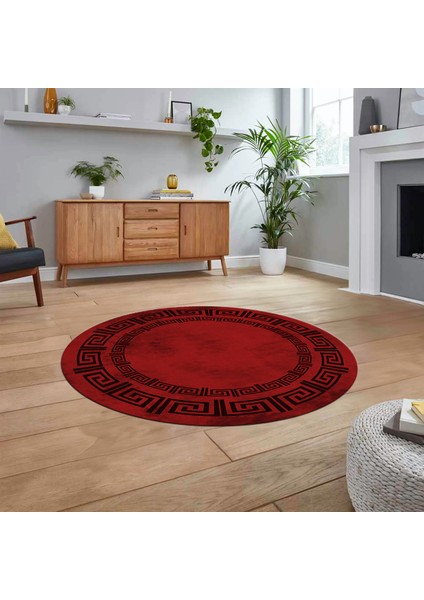 Dijital Kaymaz Taban Yıkanabilir Yuvarlak Çerçeveli Mutfak Salon Halısı, V-Y-Çerçeveli-05-Bordo,