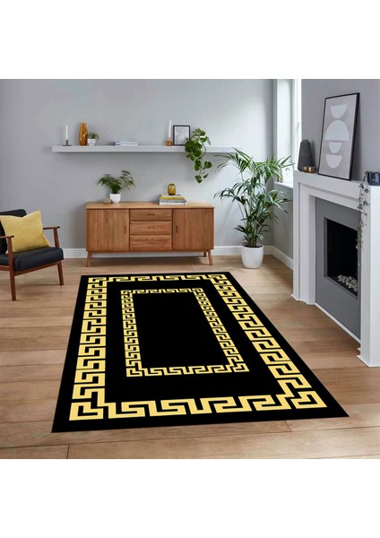Dijital Baskılı Kaymaz Taban Yıkanabilir Çerçeveli Mutfak Salon Halısı, V-Çerçeveli-47-Siyah,