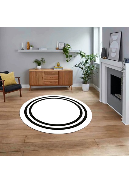 Dijital Kaymaz Taban Yıkanabilir Yuvarlak Çerçeveli Mutfak Salon Halısı, V-Y-Çerçeveli-38-Beyaz,
