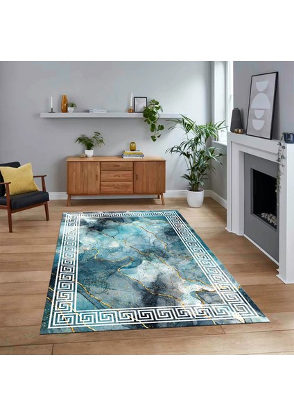 Dijital Baskılı Kaymaz Taban Yıkanabilir Çerçeveli Mutfak Salon Halısı, V-Çerçeveli-17-Mavi,