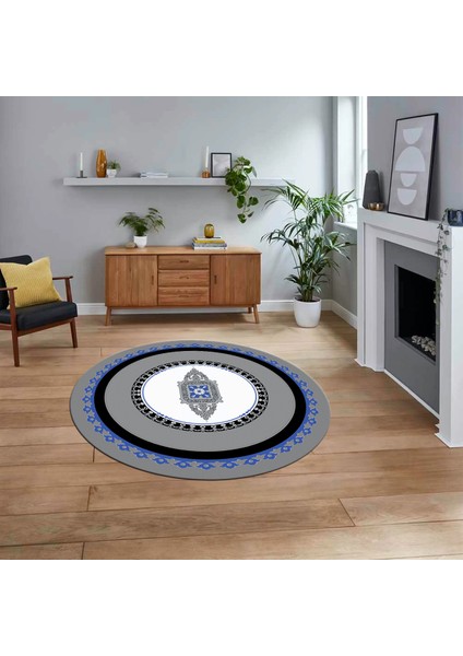 Dijital Kaymaz Taban Yıkanabilir Yuvarlak Çerçeveli Mutfak Salon Halısı, V-Y-Çerçeveli-23-Mavi,