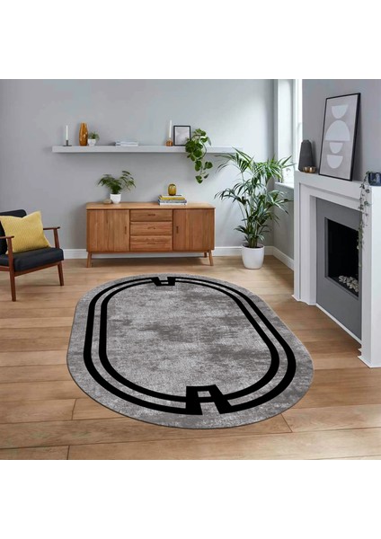 Dijital Kaymaz Taban Yıkanabilir Oval Çerçeveli Mutfak Salon Halısı, V-O-Çerçeveli-33-Gri,