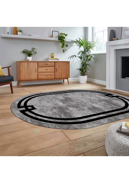 Dijital Kaymaz Taban Yıkanabilir Oval Çerçeveli Mutfak Salon Halısı, V-O-Çerçeveli-33-Gri,