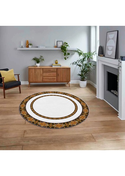 Dijital Kaymaz Taban Yıkanabilir Yuvarlak Çerçeveli Mutfak Salon Halısı, V-Y-Çerçeveli-48-Beyaz,