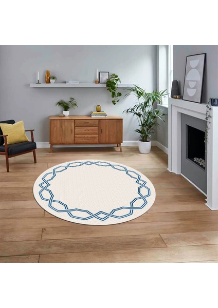 Dijital Kaymaz Taban Yıkanabilir Yuvarlak Çerçeveli Mutfak Salon Halısı, V-Y-Çerçeveli-49-Beyaz,