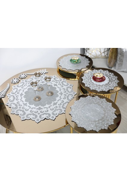 Sehpa Örtüseti/1 Adet (60CM)/ 3 Adet Zigon Örtüsü (33CM)/KREM Kadife/gold Varak Işlemeli/ 4 Parça