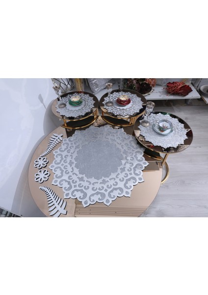 Sehpa Örtüseti/1 Adet (60CM)/ 3 Adet Zigon Örtüsü (33CM)/KREM Kadife/gold Varak Işlemeli/ 4 Parça