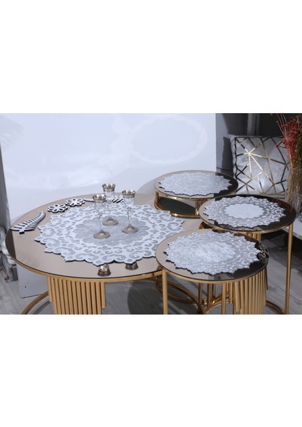 Sehpa Örtüseti/1 Adet (60CM)/ 3 Adet Zigon Örtüsü (33CM)/KREM Kadife/gold Varak Işlemeli/ 4 Parça