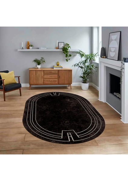 Dijital Kaymaz Taban Yıkanabilir Oval Çerçeveli Mutfak Salon Halısı, V-O-Çerçeveli-43-Vizon,