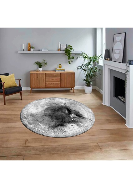 Dijital Kaymaz Taban Yıkanabilir Yuvarlak Çerçeveli Mutfak Salon Halısı, V-Y-Çerçeveli-25-Gri,