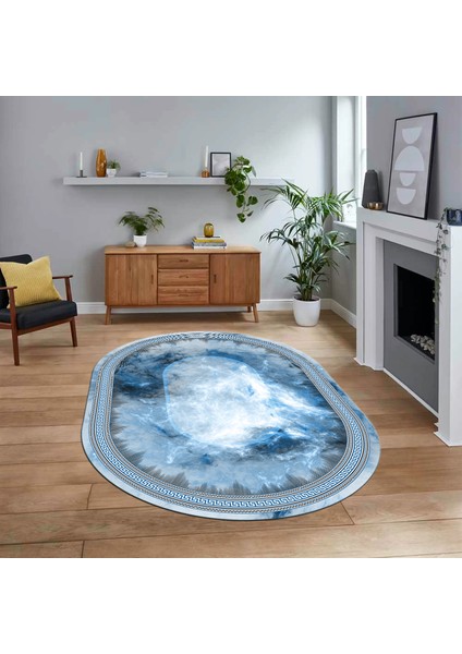 Dijital Kaymaz Taban Yıkanabilir Oval Çerçeveli Mutfak Salon Halısı, V-O-Çerçeveli-25-Mavi,