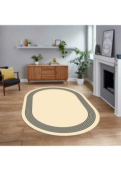 Dijital Kaymaz Taban Yıkanabilir Oval Çerçeveli Mutfak Salon Halısı, V-O-Çerçeveli-45-Krem,