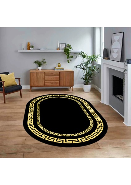 Dijital Kaymaz Taban Yıkanabilir Oval Çerçeveli Mutfak Salon Halısı, V-O-Çerçeveli-47-Siyah,