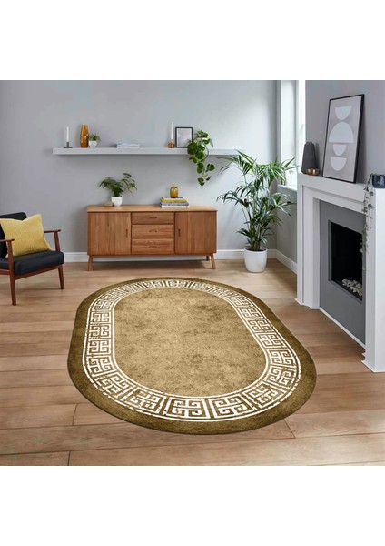 Dijital Kaymaz Taban Yıkanabilir Oval Çerçeveli Mutfak Salon Halısı, V-O-Çerçeveli-36-Kahve,