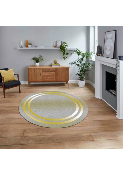 Dijital Kaymaz Taban Yıkanabilir Yuvarlak Çerçeveli Mutfak Salon Halısı, V-Y-Çerçeveli-39-Sarı,