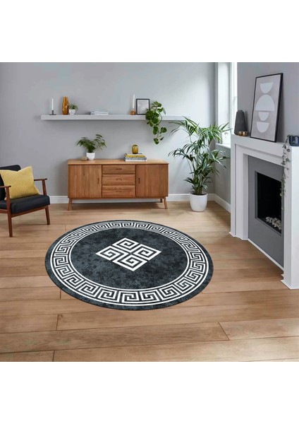 Dijital Kaymaz Taban Yıkanabilir Yuvarlak Çerçeveli Mutfak Salon Halısı, V-Y-Çerçeveli-01-Füme,
