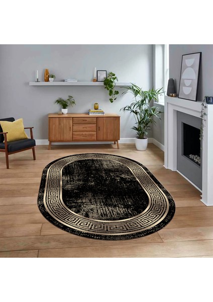 Dijital Kaymaz Taban Yıkanabilir Oval Çerçeveli Mutfak Salon Halısı, V-O-Çerçeveli-13-Gold,