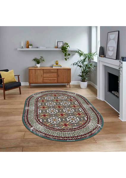 Dijital Kaymaz Taban Yıkanabilir Oval Çerçeveli Mutfak Salon Halısı, V-O-Çerçeveli-26-Renkli,