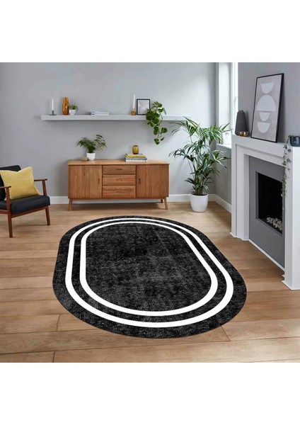 Dijital Kaymaz Taban Yıkanabilir Oval Çerçeveli Mutfak Salon Halısı, V-O-Çerçeveli-30-Siyah,
