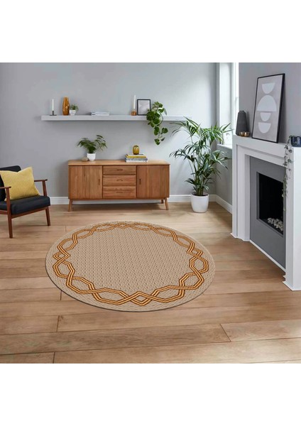 Dijital Kaymaz Taban Yıkanabilir Yuvarlak Çerçeveli Mutfak Salon Halısı, V-Y-Çerçeveli-49-Bej,