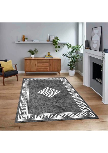 Dijital Baskılı Kaymaz Taban Yıkanabilir Çerçeveli Mutfak Salon Halısı, V-Çerçeveli-01-Gri,